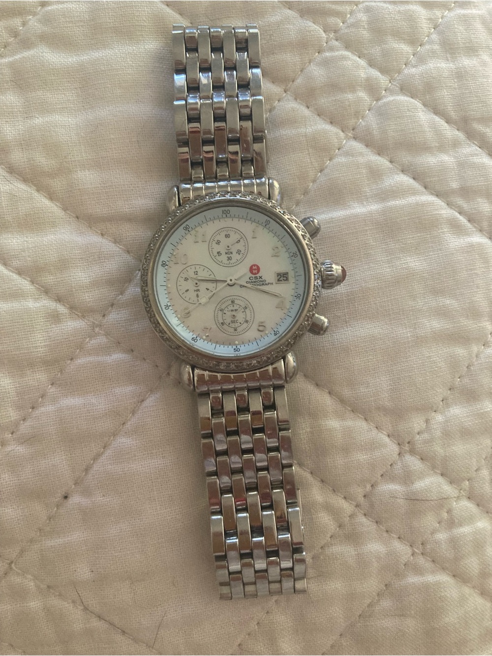 Michele Silver Stainless Steel Chronograph Watch with White Dial